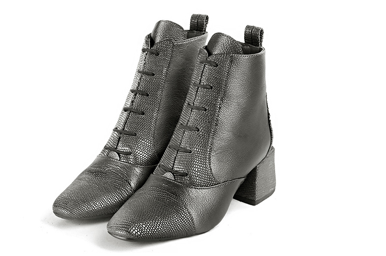 Dark grey women's ankle boots with laces at the front. Square toe. Medium block heels. Front view - Florence KOOIJMAN